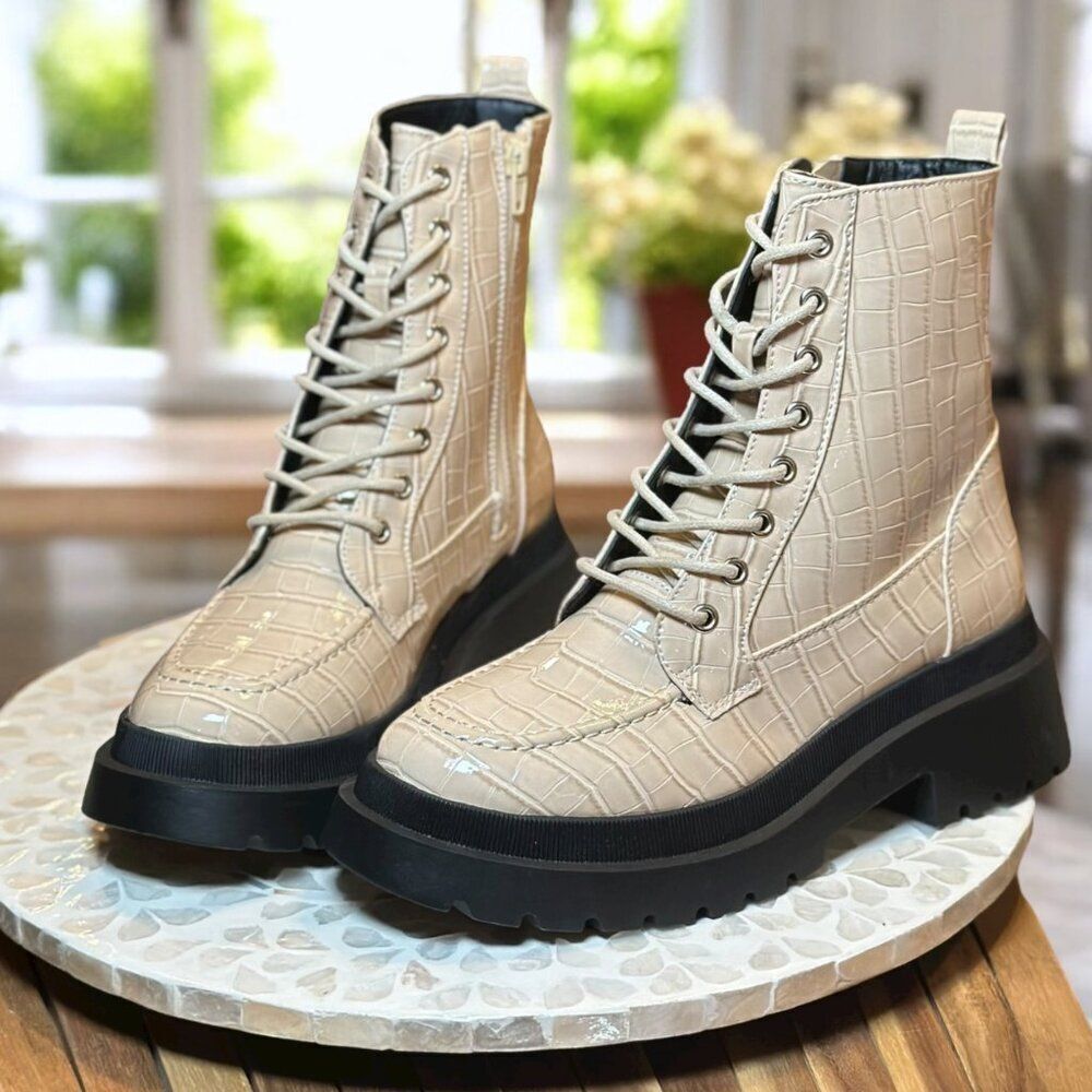 Topshop Kara Lace-Up Combat Boots Croc Embossed Beige Lug Sole Women’s 9.5 / 40 - Picture 6 of 15